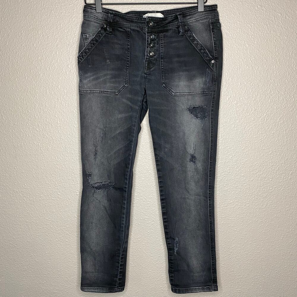 Free People Black Stone Wash Distressed Button Fly Low Rise Jeans Womens 2